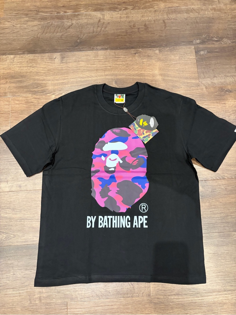 Bape Black Short Sleeve Tee with Pink & Purple Camo Ape Graphic